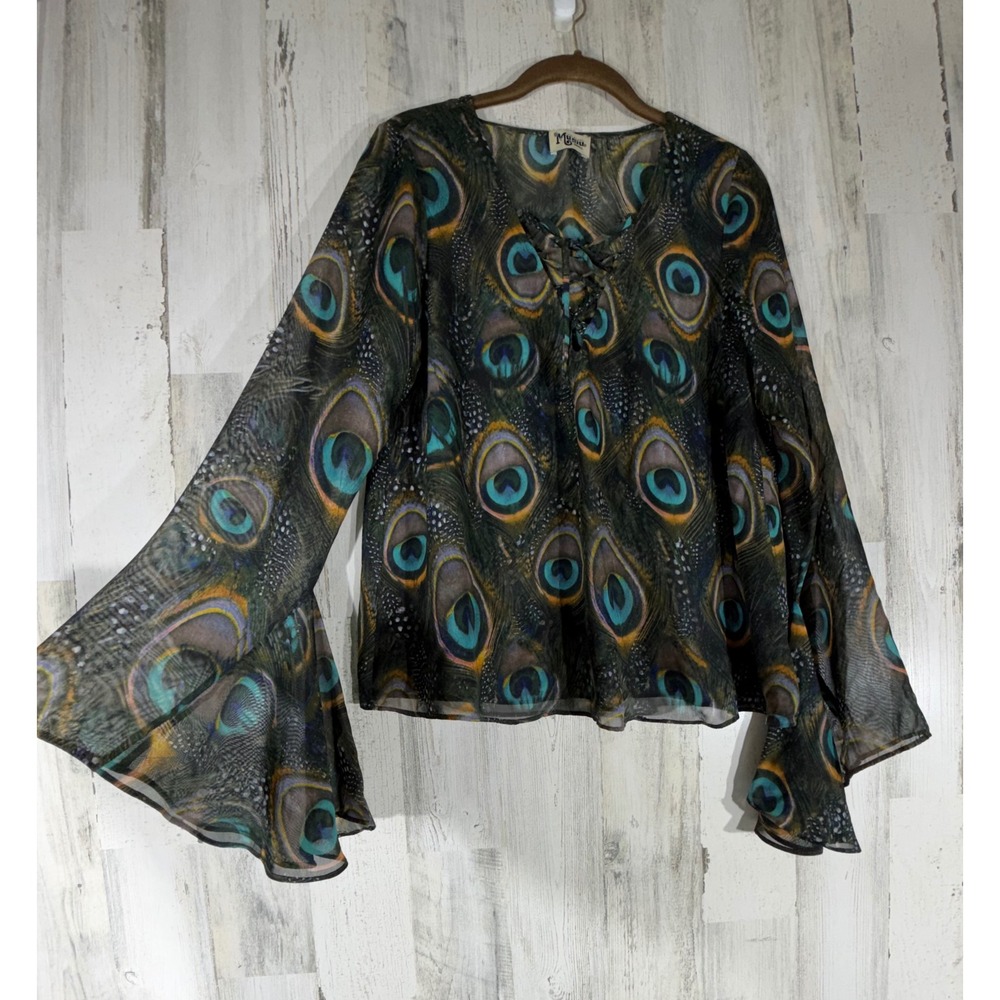 Show Me Your Mumu The Zuko Top Small Peacock Print Lace Up Bell Sleeve Sheerâ